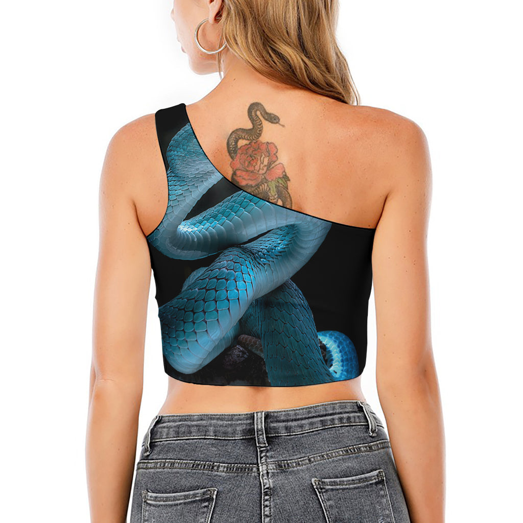 Turquoise Snake Print One Shoulder Crop Top