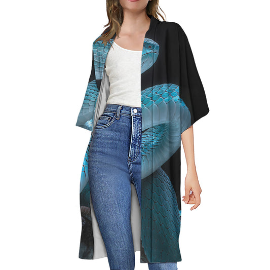 Turquoise Snake Print Open Front Beach Cover Up