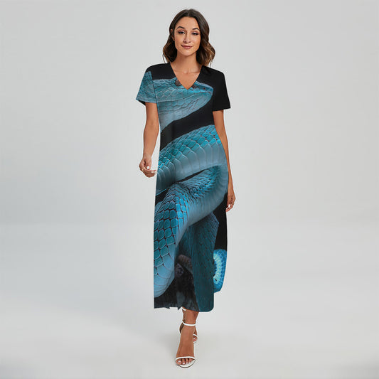 Turquoise Snake Print Short Sleeve Maxi Dress