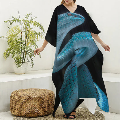 Turquoise Snake Print Silk V-Neck Kaftan Dress