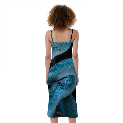 Turquoise Snake Print Slim Fit Midi Cami Dress