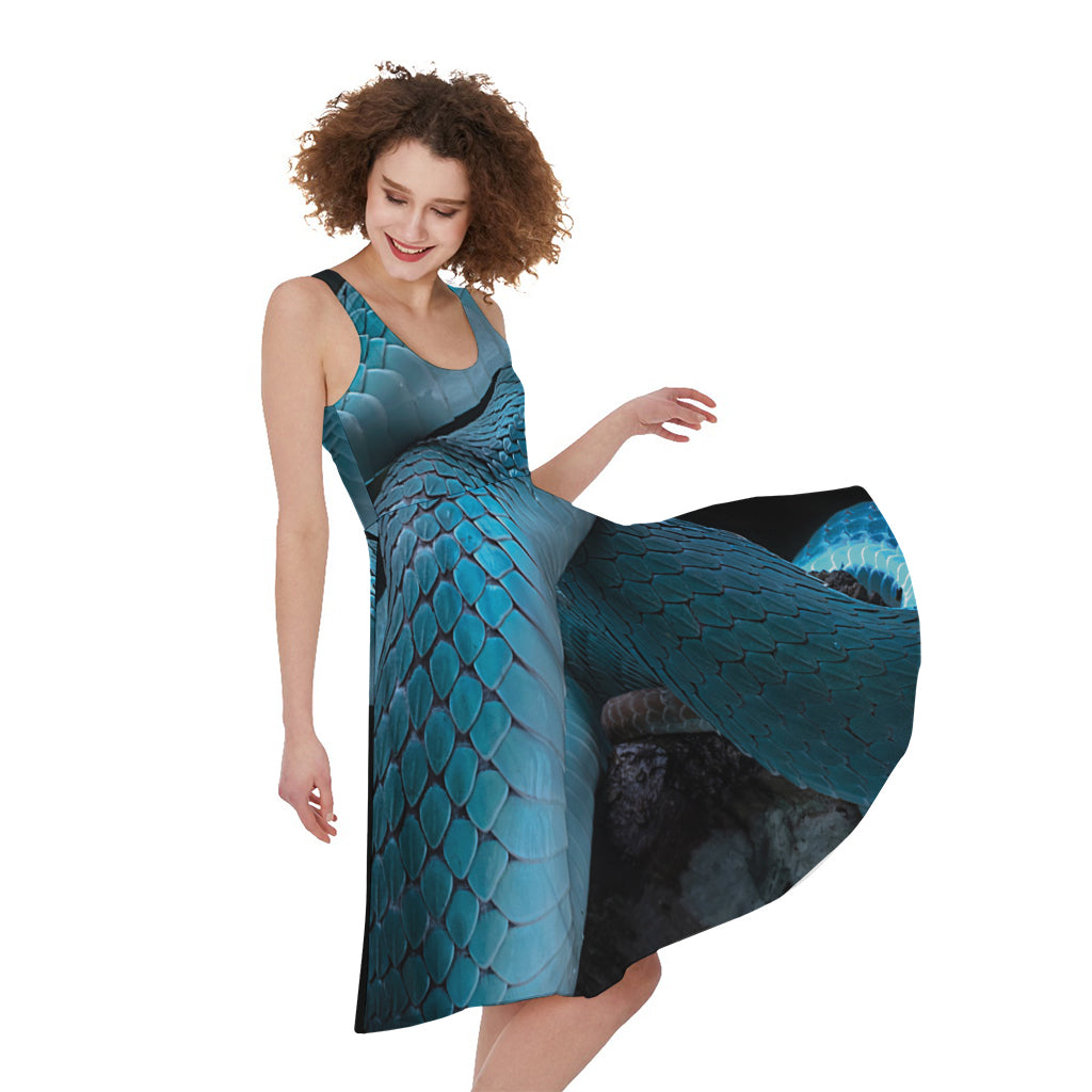 Turquoise Snake Print Women's Sleeveless Dress
