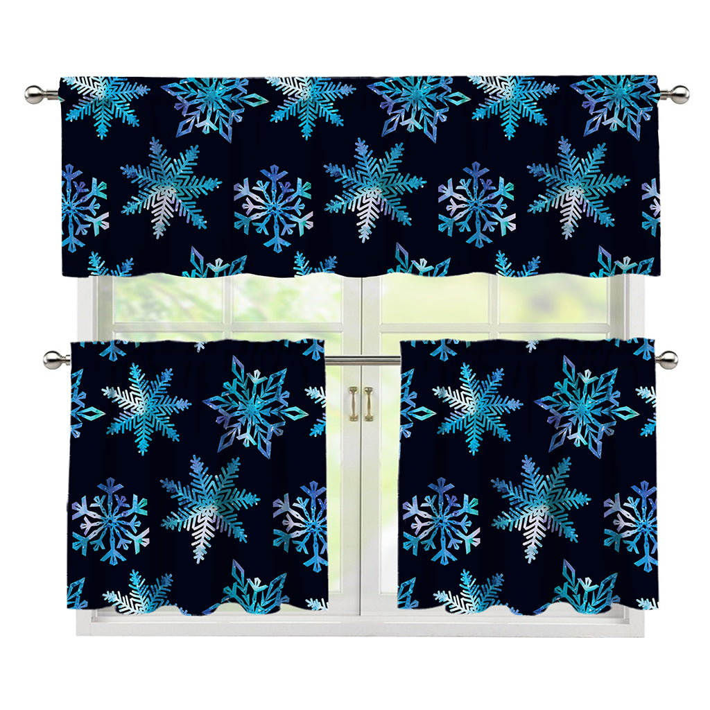 Turquoise Snowflake Pattern Print 3 Piece Kitchen Curtains