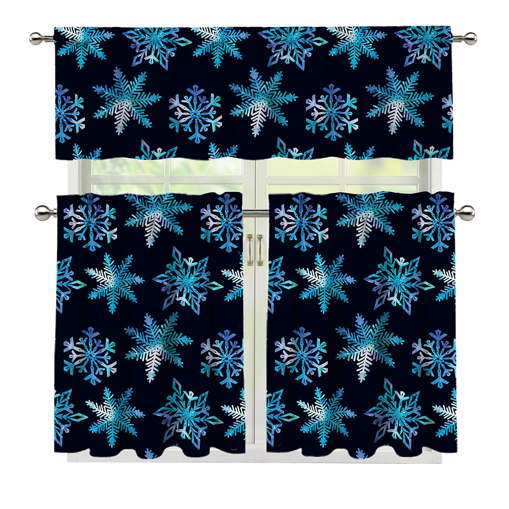Turquoise Snowflake Pattern Print 3 Piece Kitchen Curtains