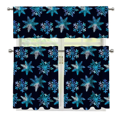 Turquoise Snowflake Pattern Print 3 Piece Kitchen Curtains