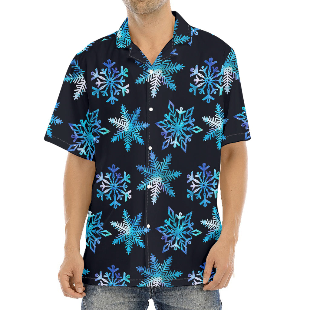 Turquoise Snowflake Pattern Print Aloha Shirt
