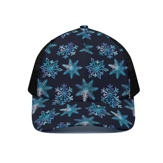 Turquoise Snowflake Pattern Print Black Mesh Trucker Cap