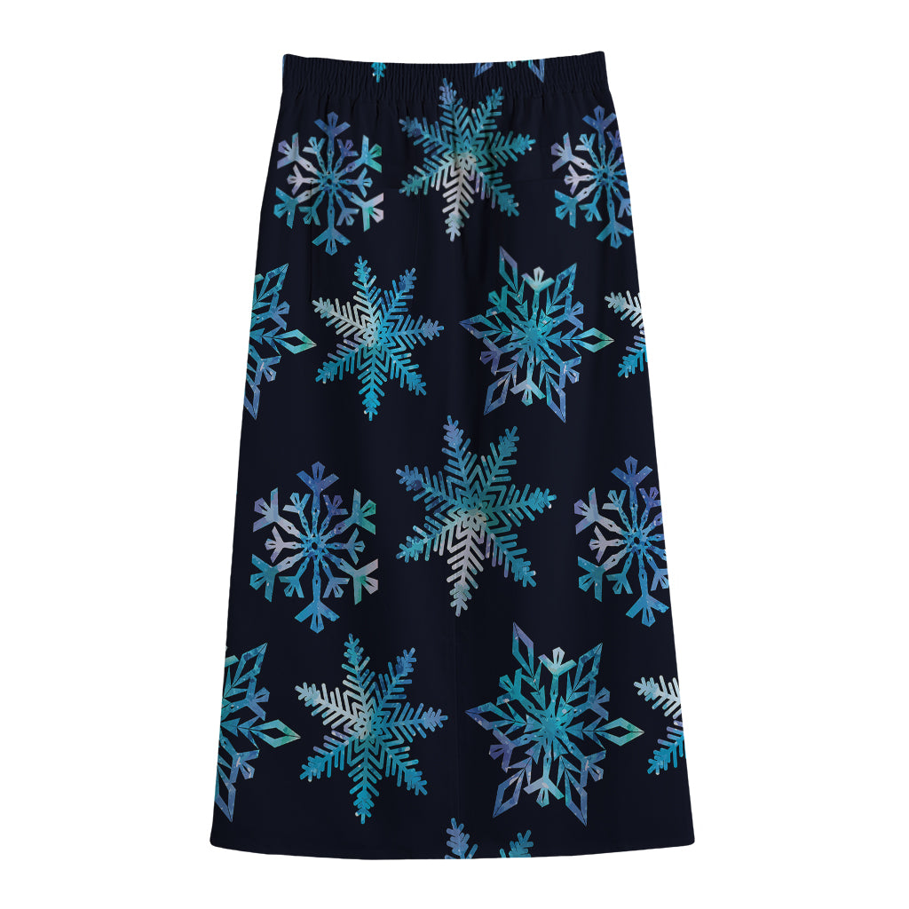 Turquoise Snowflake Pattern Print Cotton Front Slit Maxi Skirt