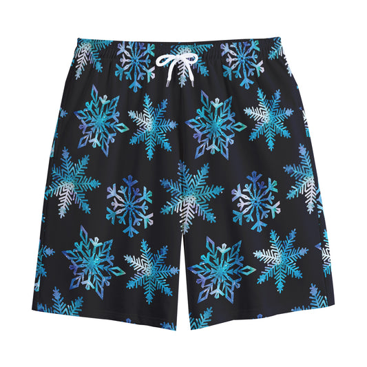 Turquoise Snowflake Pattern Print Cotton Shorts