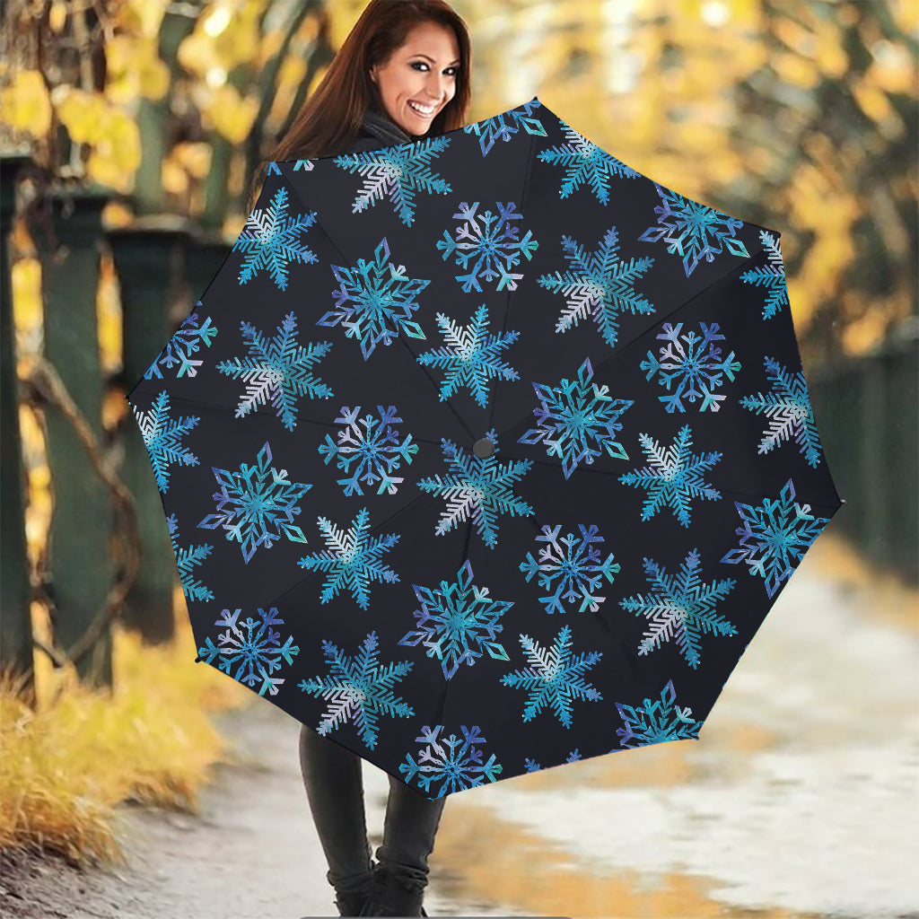 Turquoise Snowflake Pattern Print Foldable Umbrella