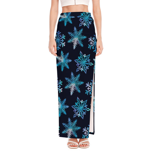 Turquoise Snowflake Pattern Print High Slit Maxi Skirt