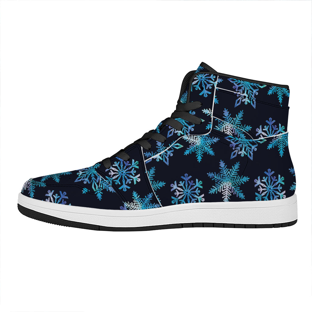 Turquoise Snowflake Pattern Print High Top Leather Sneakers