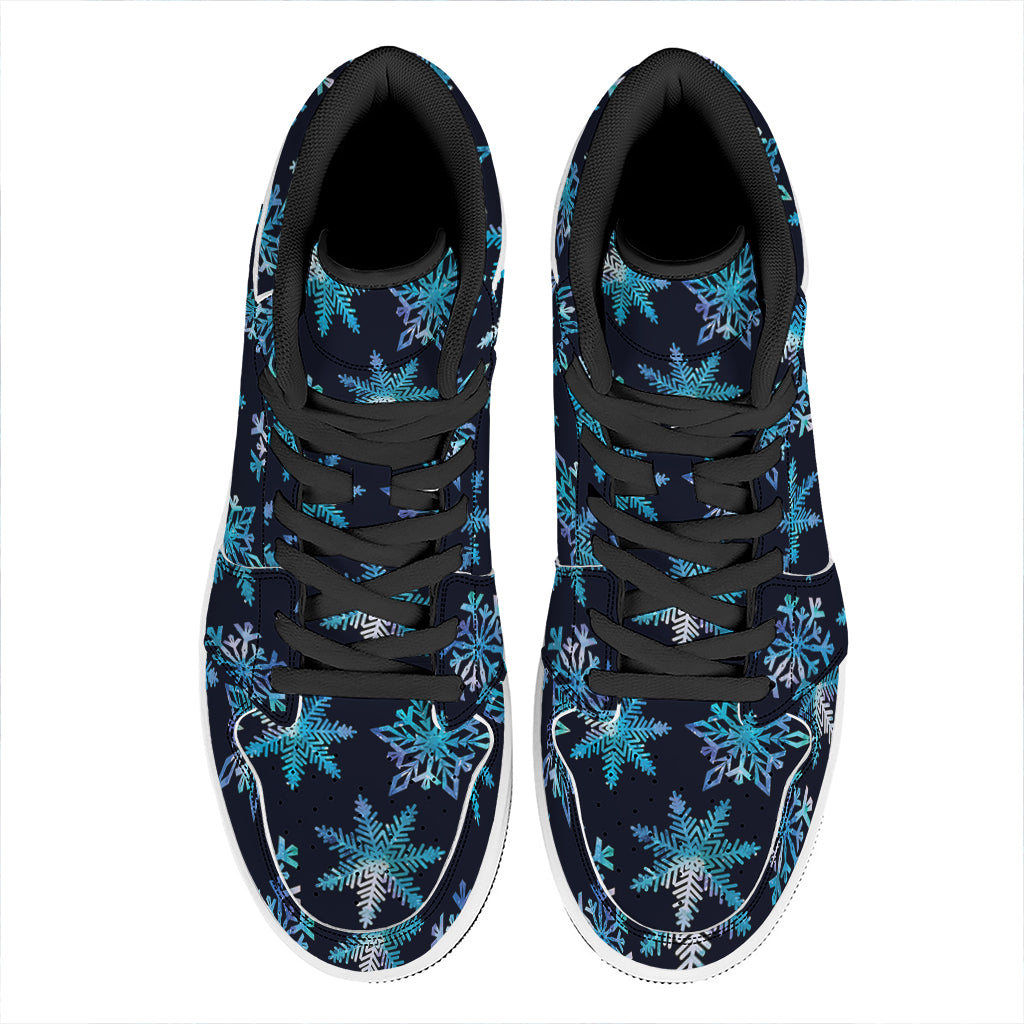 Turquoise Snowflake Pattern Print High Top Leather Sneakers