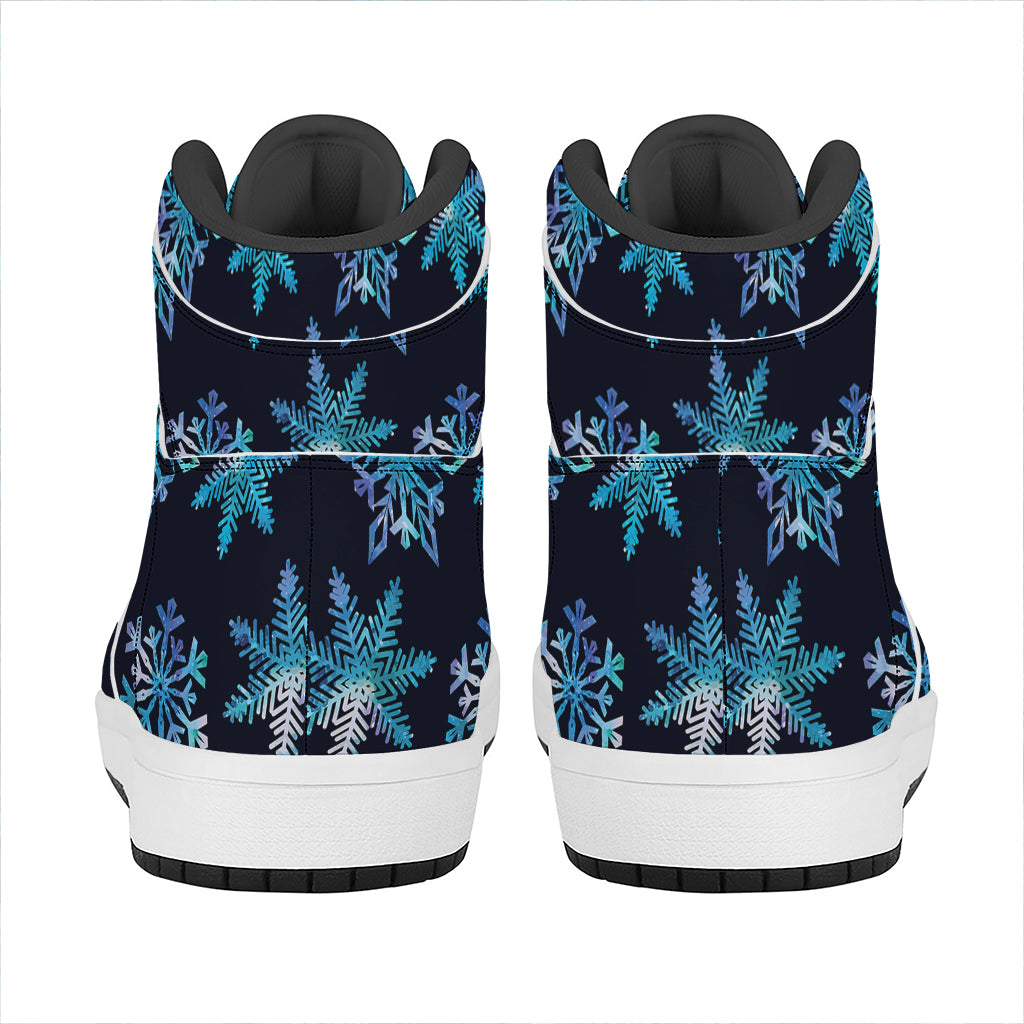 Turquoise Snowflake Pattern Print High Top Leather Sneakers