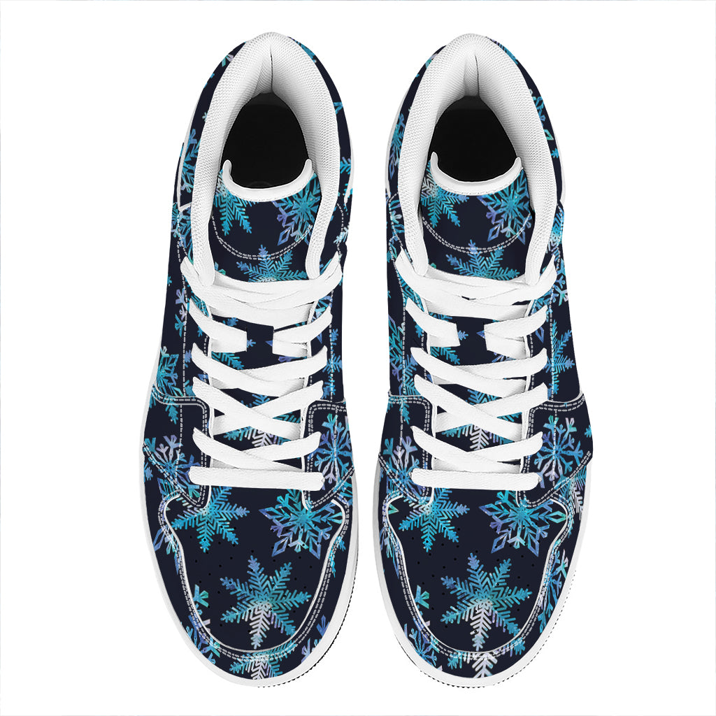 Turquoise Snowflake Pattern Print High Top Leather Sneakers
