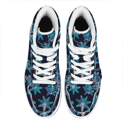 Turquoise Snowflake Pattern Print High Top Leather Sneakers