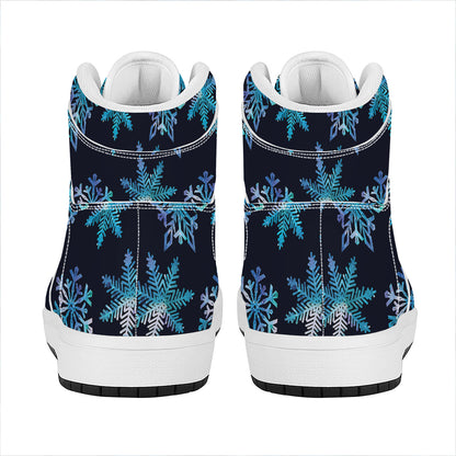 Turquoise Snowflake Pattern Print High Top Leather Sneakers
