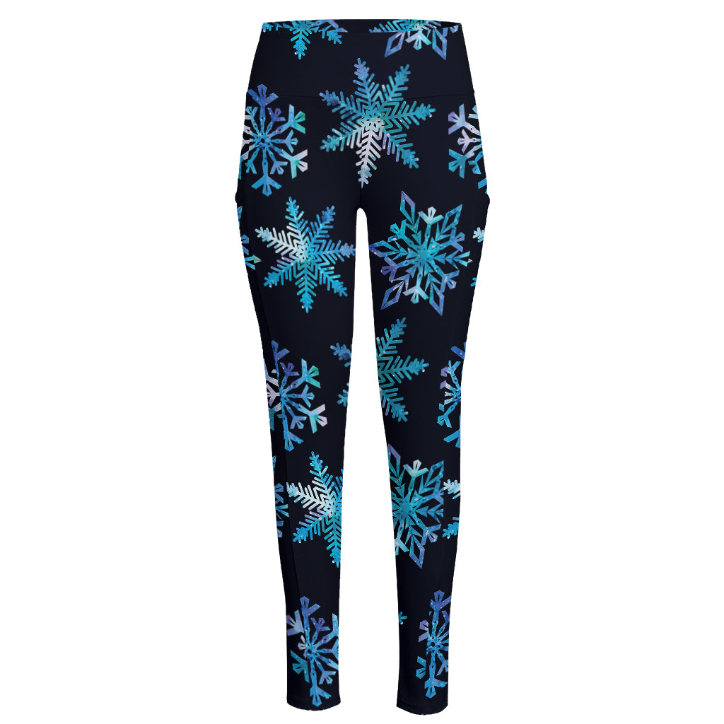 Turquoise Snowflake Pattern Print High-Waisted Pocket Leggings