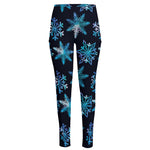 Turquoise Snowflake Pattern Print High-Waisted Pocket Leggings