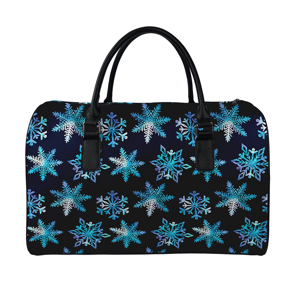 Turquoise Snowflake Pattern Print Leather Duffle Bag