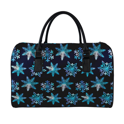 Turquoise Snowflake Pattern Print Leather Duffle Bag