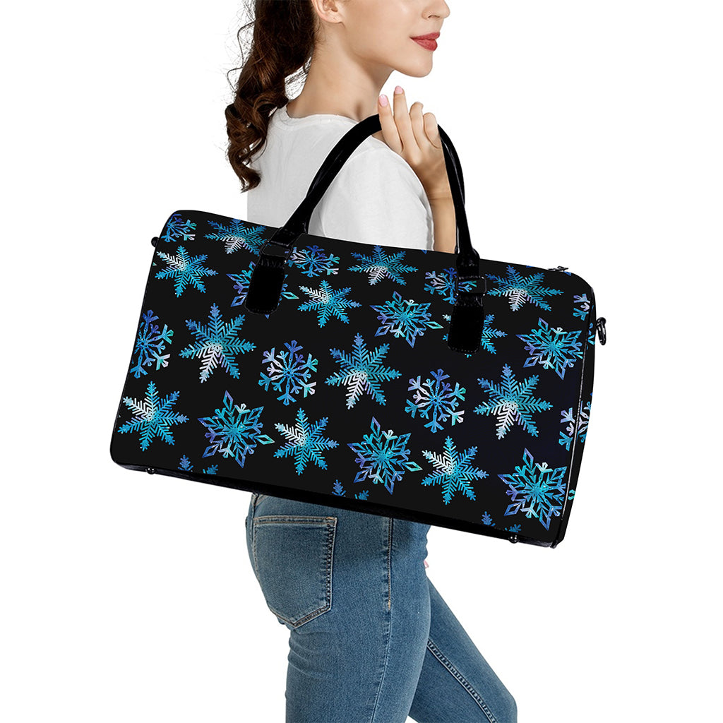 Turquoise Snowflake Pattern Print Leather Duffle Bag