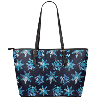 Turquoise Snowflake Pattern Print Leather Tote Bag
