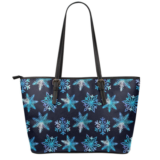 Turquoise Snowflake Pattern Print Leather Tote Bag