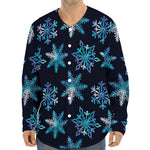 Turquoise Snowflake Pattern Print Long Sleeve Baseball Jersey