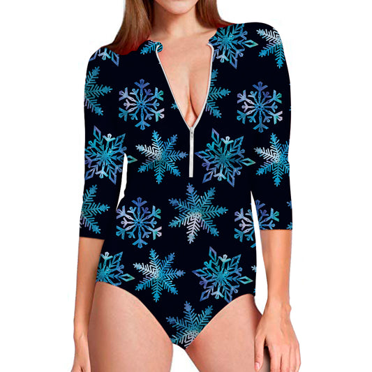 Turquoise Snowflake Pattern Print Long Sleeve Swimsuit