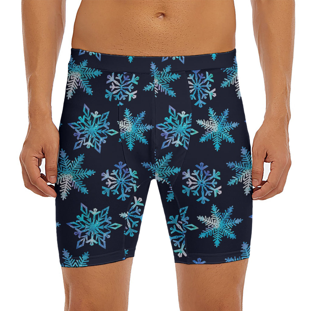 Turquoise Snowflake Pattern Print Men's Long Boxer Briefs