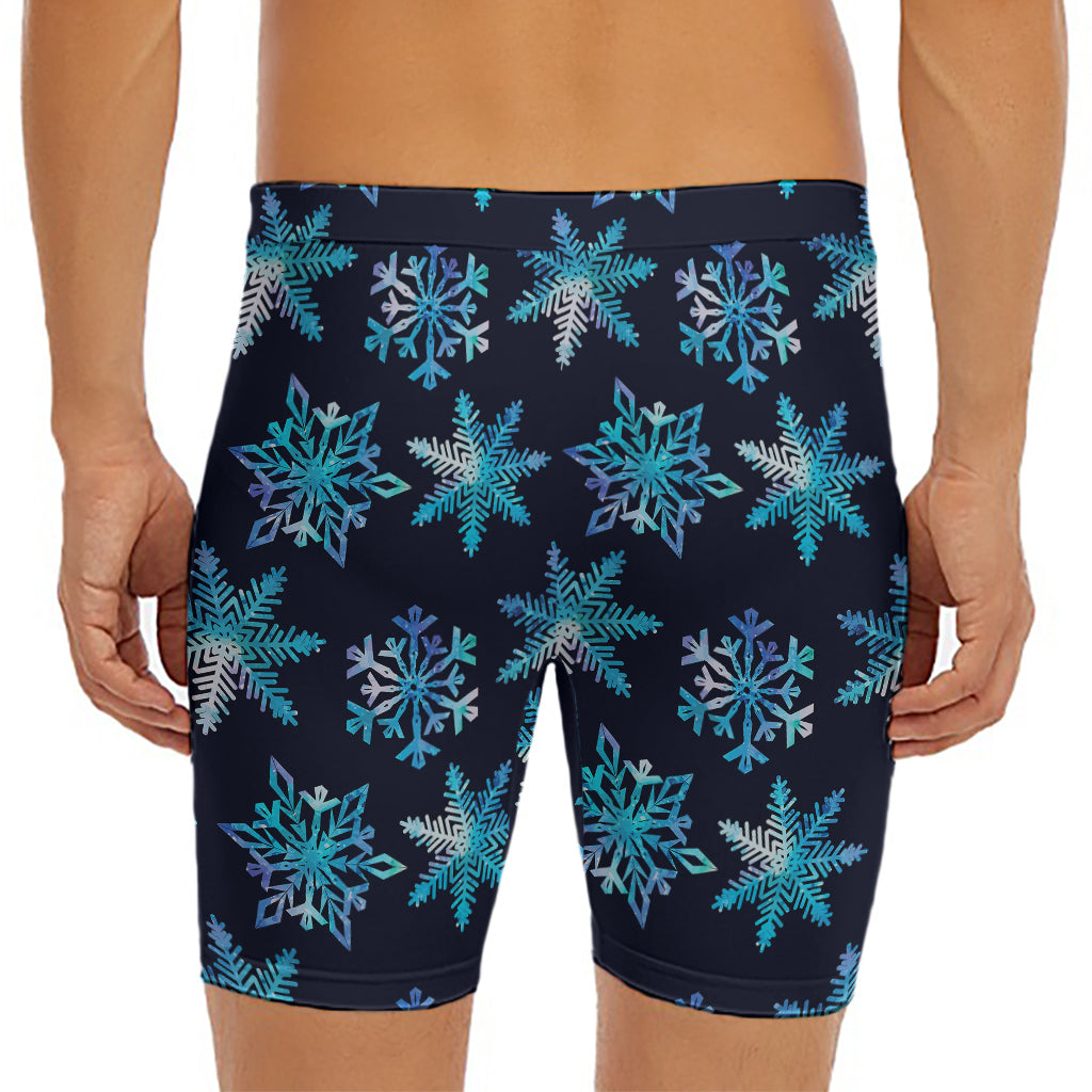 Turquoise Snowflake Pattern Print Men's Long Boxer Briefs