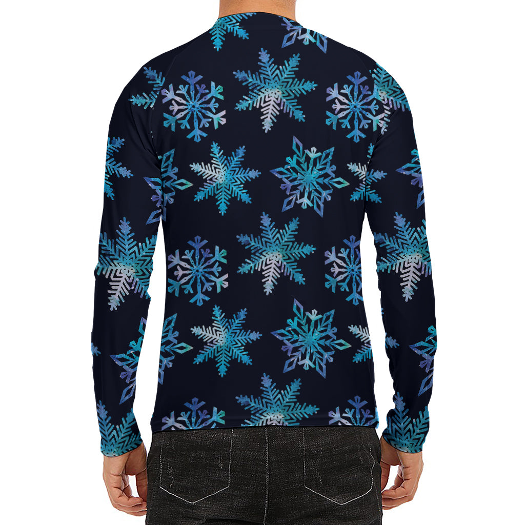 Turquoise Snowflake Pattern Print Men's Long Sleeve Rash Guard