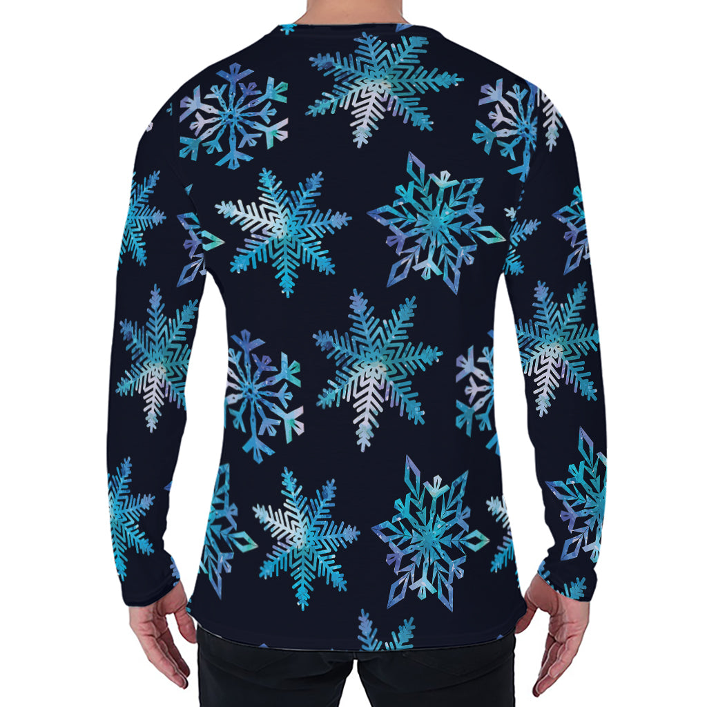 Turquoise Snowflake Pattern Print Men's Long Sleeve T-Shirt