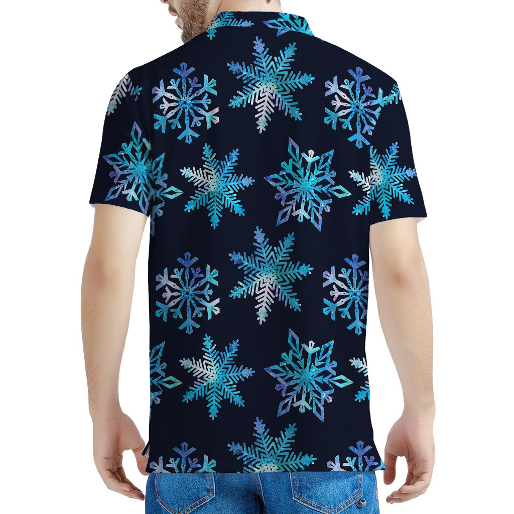 Turquoise Snowflake Pattern Print Men's Polo Shirt