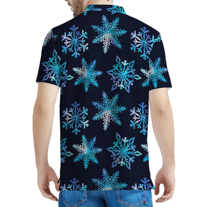 Turquoise Snowflake Pattern Print Men's Polo Shirt