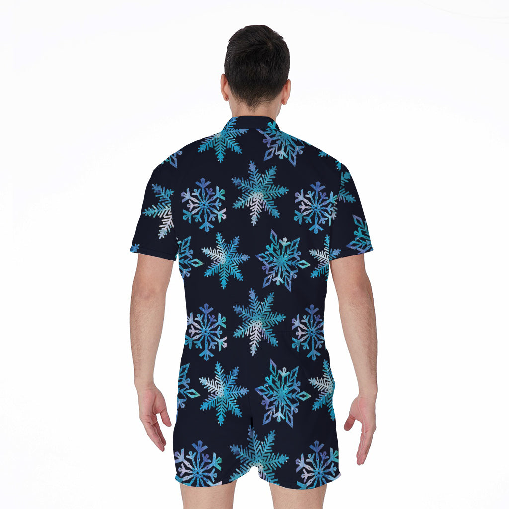 Turquoise Snowflake Pattern Print Men's Rompers