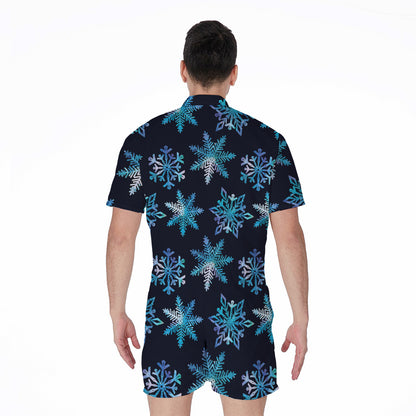 Turquoise Snowflake Pattern Print Men's Rompers