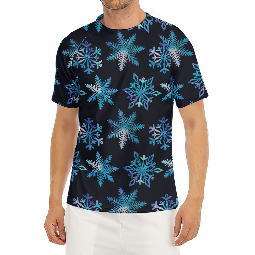 Turquoise Snowflake Pattern Print Men's Short Sleeve Rash Guard