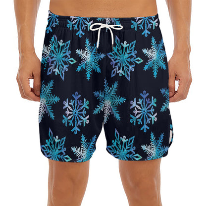 Turquoise Snowflake Pattern Print Men's Split Running Shorts