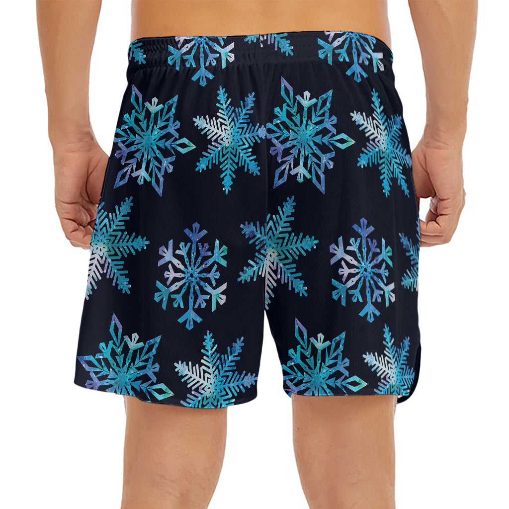 Turquoise Snowflake Pattern Print Men's Split Running Shorts