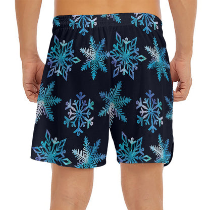 Turquoise Snowflake Pattern Print Men's Split Running Shorts