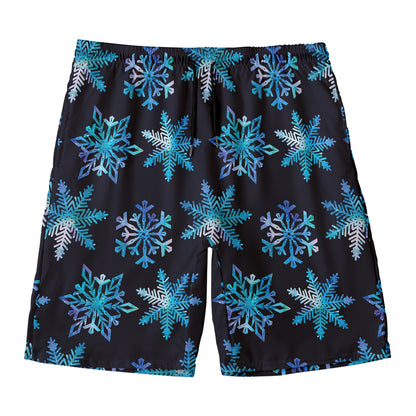 Turquoise Snowflake Pattern Print Men's Swim Trunks