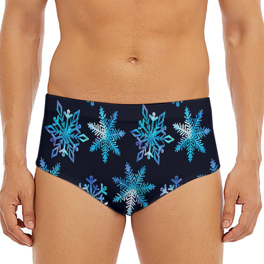 Turquoise Snowflake Pattern Print Men's Triangle Swim Briefs