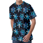 Turquoise Snowflake Pattern Print Men's Velvet T-Shirt
