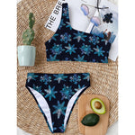Turquoise Snowflake Pattern Print One Shoulder Bikini Top