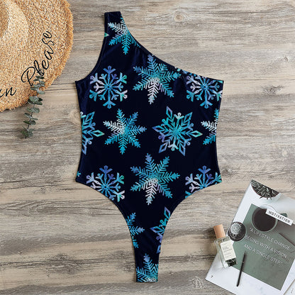 Turquoise Snowflake Pattern Print One Shoulder Bodysuit