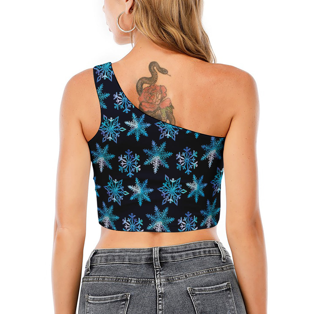 Turquoise Snowflake Pattern Print One Shoulder Crop Top