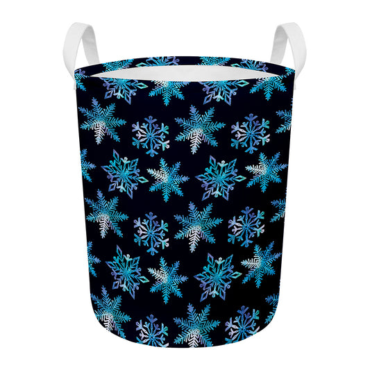 Turquoise Snowflake Pattern Print Round Laundry Basket