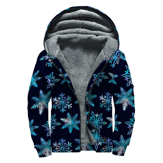 Turquoise Snowflake Pattern Print Sherpa Lined Zip Up Hoodie